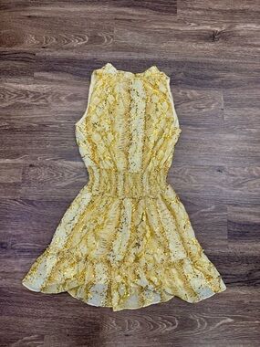 Gold Foil Smocked Waist Ruffle Mini Dress Boho Party Small